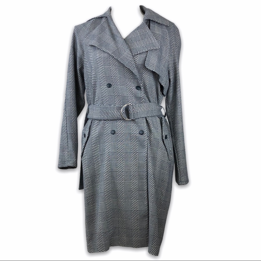 Topshop Navy Blue Check Thin Knit Trench Coat Sz 2